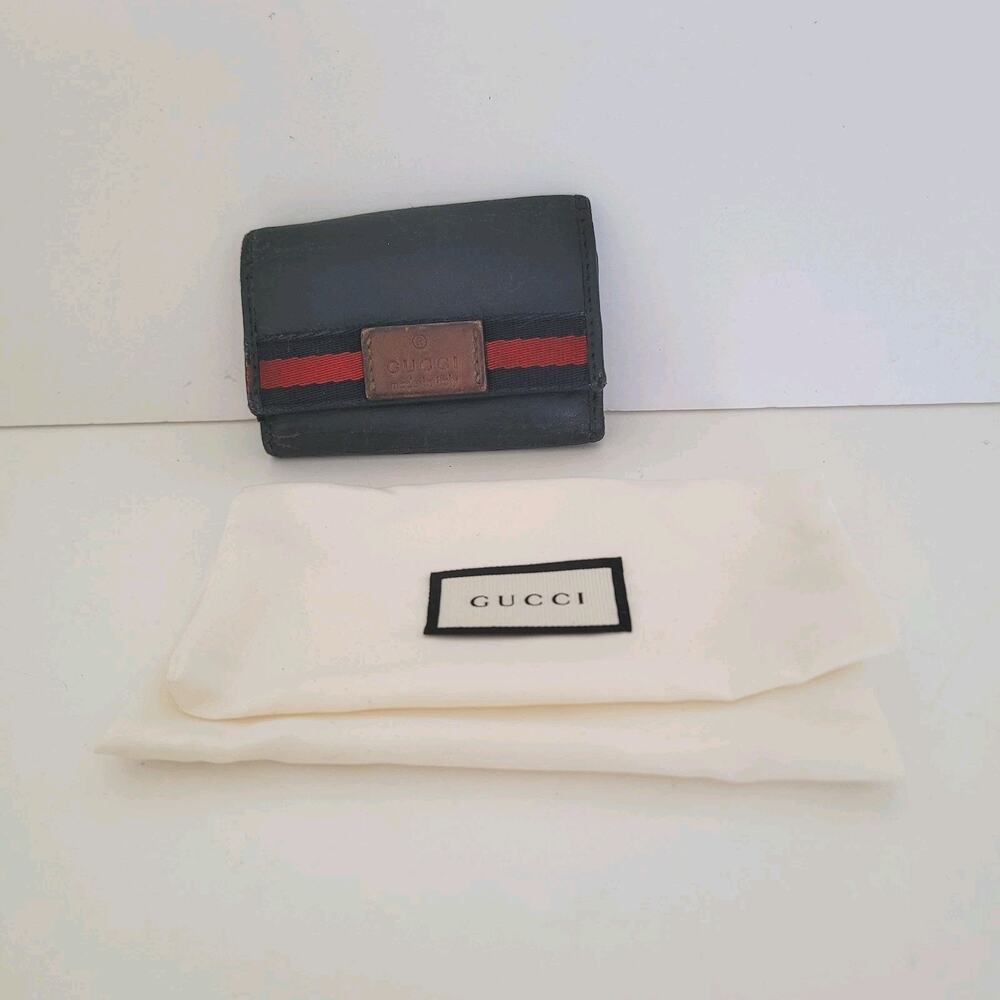 Gucci Logo Key Holder Wallet Case Leather Small Unisex Black Trifold Striped